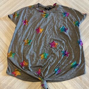 Terez Girls Gray Knotted T-Shirt with Metallic Stars - Size S
